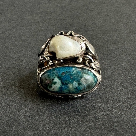 Vintage Art Nouveau Ring Pearl Sterling Silver Arts & Crafts Blue Floral 8.25 - Picture 5 of 15